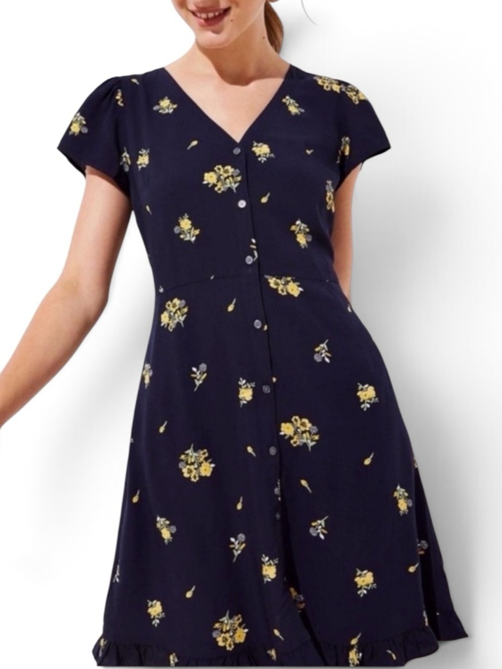 NWT Loft Dark Blue Floral Button Front Maternity Dress With Pockets